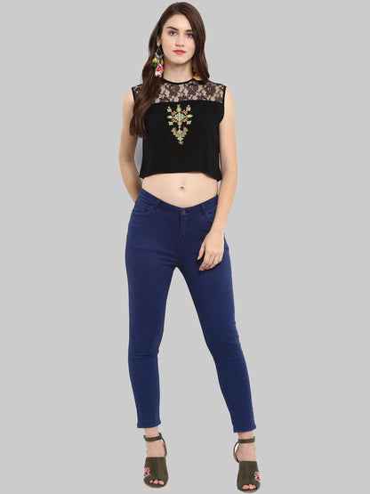 Black Embroidered Crop Top - Znxclothing