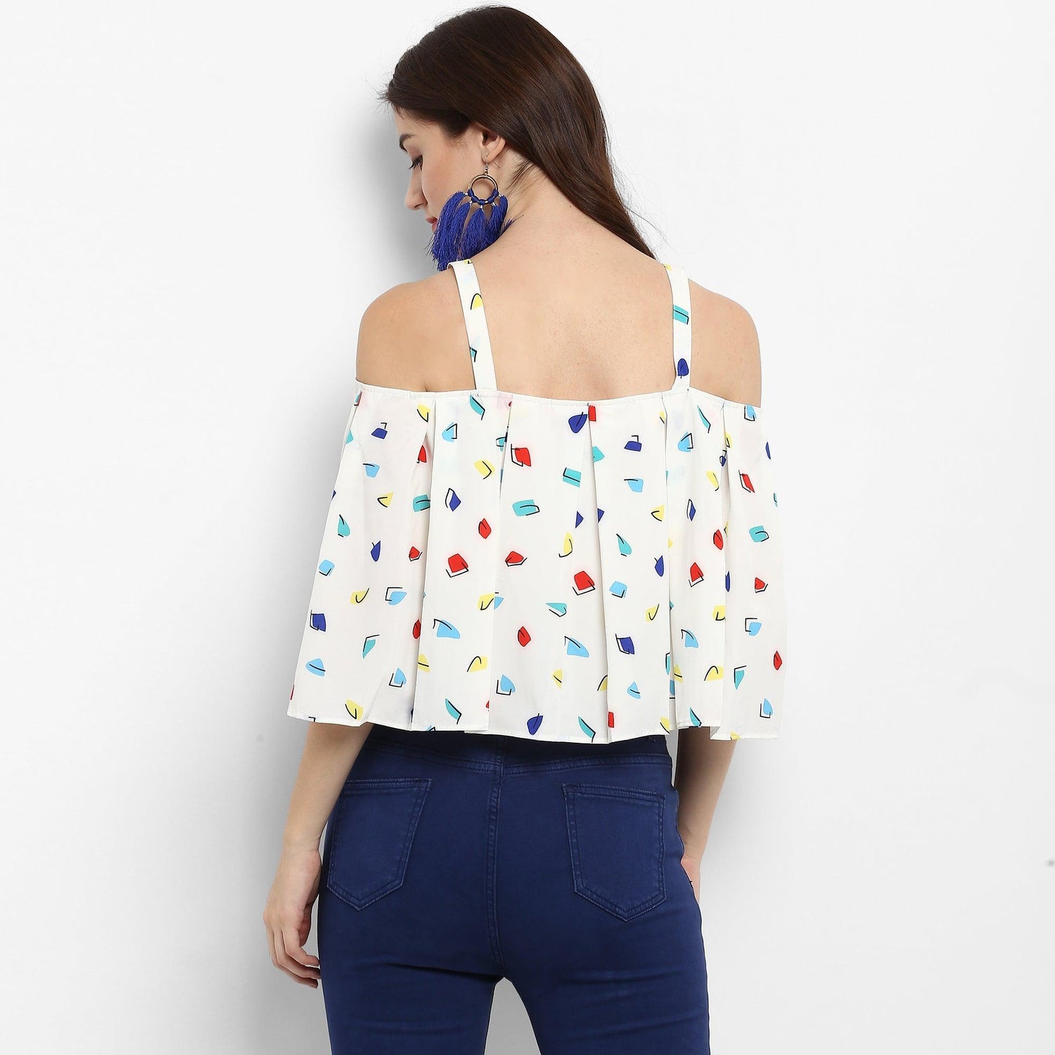 White Printed Crop A-Line Top - Znxclothing