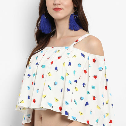White Printed Crop A-Line Top - Znxclothing
