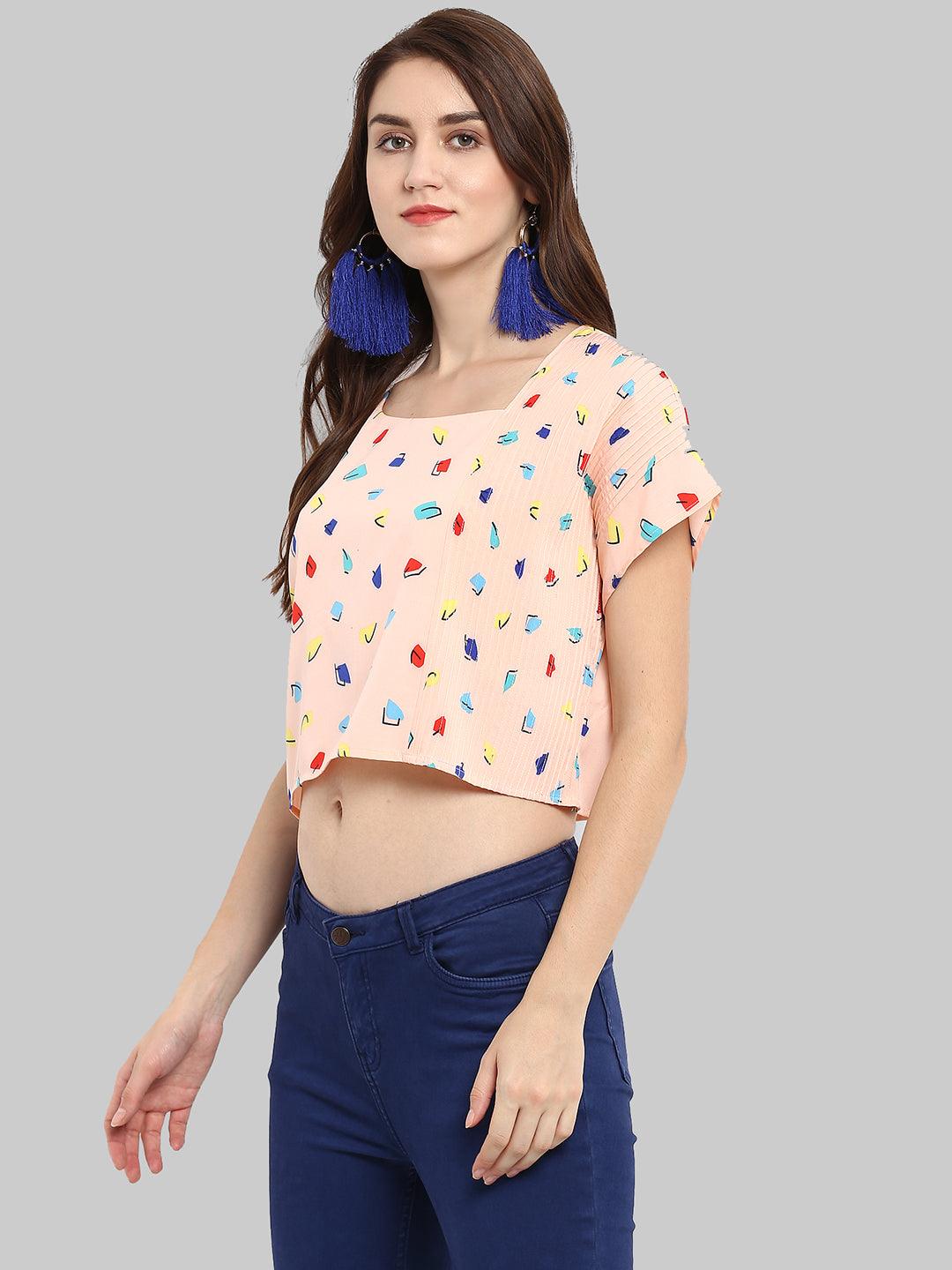 Peach-Coloured Printed Crop Boxy Top - Znxclothing