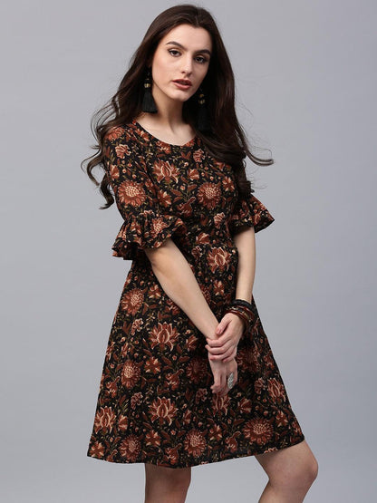 Black &amp; Brown Floral Printed Skater Dress (Fully Stitched) - Znxclothing
