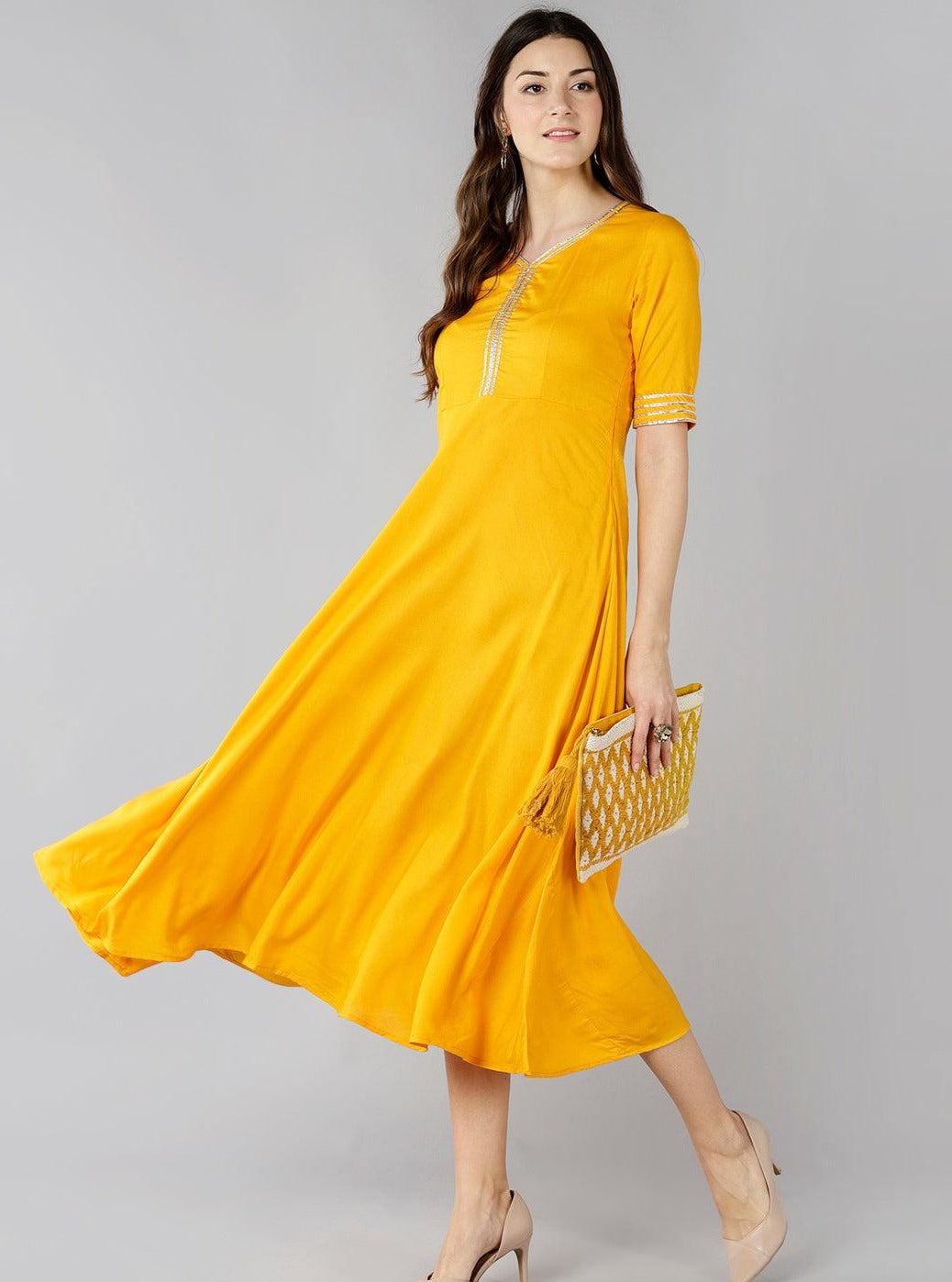Znx Women Solid Yellow Ankle length Dress With Silver Detailing - Znxclothing