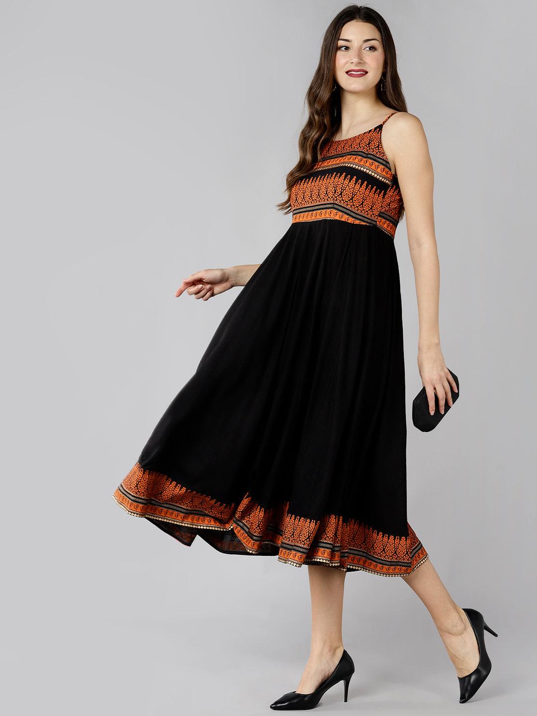 Znx Women Orange Printed Ankle length Black Dress - Znxclothing