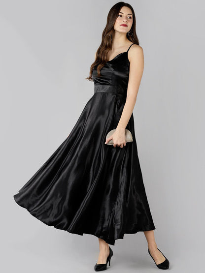 Znx Women Black Satin Designer Long Dress - Znxclothing