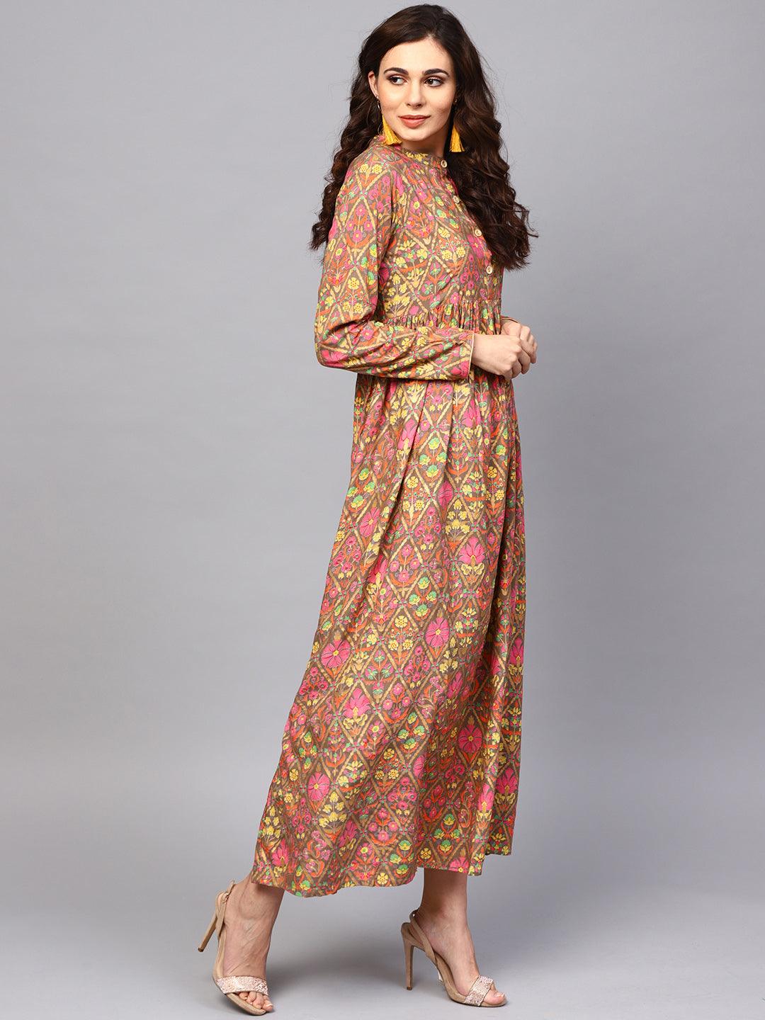Grey &amp; Pink Gold Floral Printed Pleated Maxi (Fully Stitched) - Znxclothing