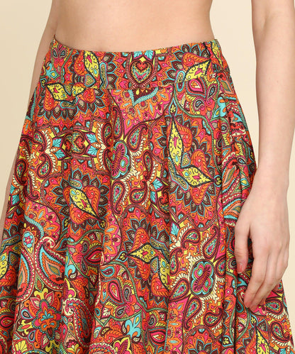 Orange Ethnic Printed Skirt With Front Detailing Black Sleeveless Crop top - Znxclothing