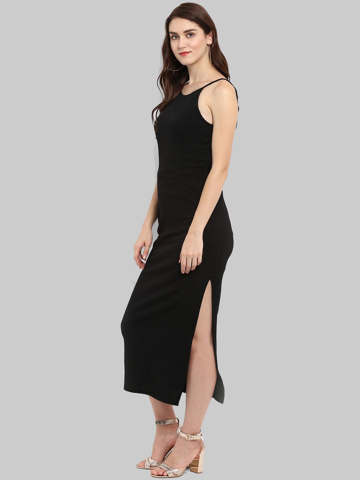 Black Solid Incut Fitted Midi Dress - Znxclothing