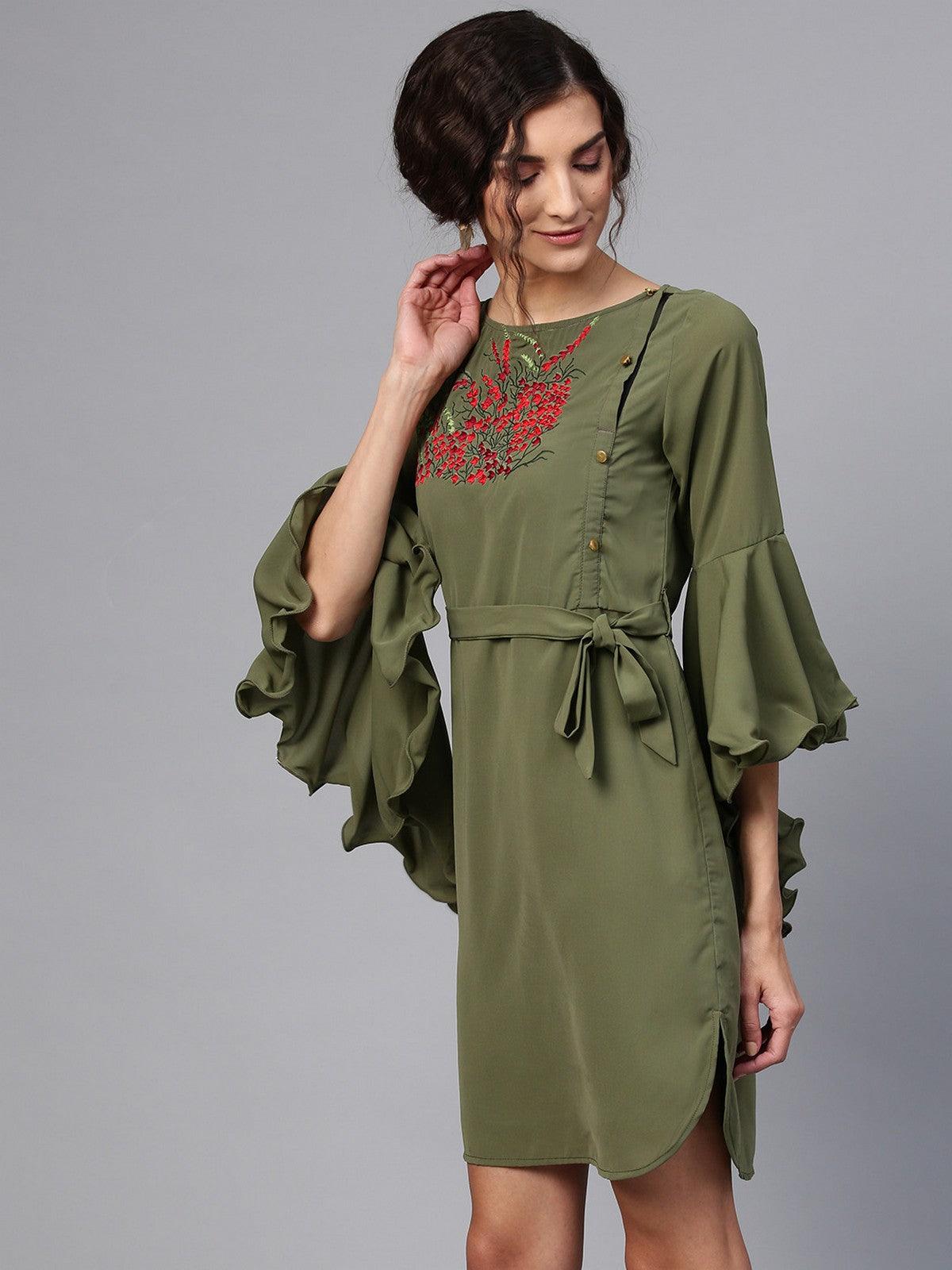 Embroidered Dress With Flare Sleeves - Znxclothing