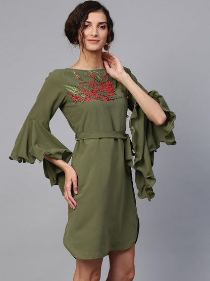 Embroidered Dress With Flare Sleeves - Znxclothing