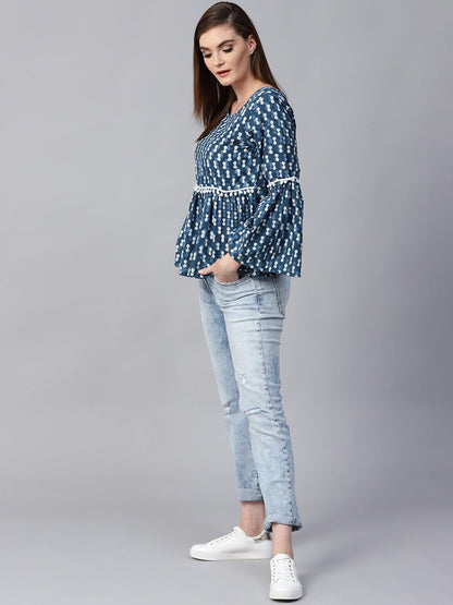 Blue &amp; White Printed Cinched Waist Top - Znxclothing