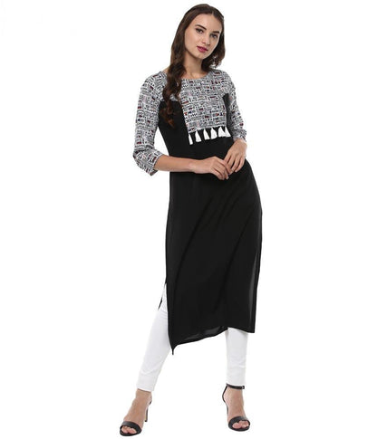 Black Printed Crepe Straight Kurti - Znxclothing