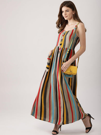 Women Multicoloured Striped Maxi Dress (Fully Stitched) - Znxclothing