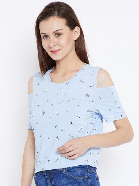 Women Blue Printed Cold Shoulder Top - Znxclothing