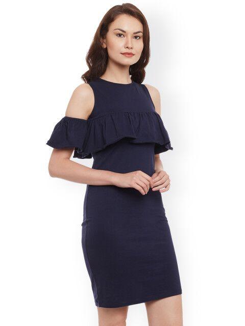 Solid Blue Cold sleeve Dress - Znxclothing