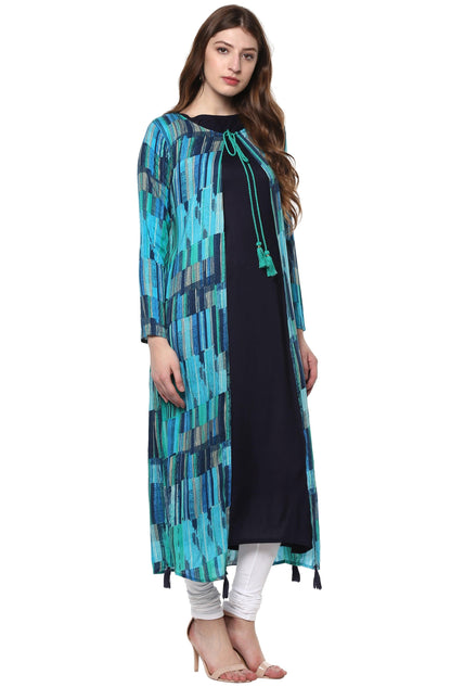 Navy Blue Printed Rayon A-Line Kurti - Znxclothing