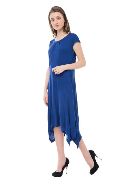 Solid Blue Cold Sleeve Dress - Znxclothing