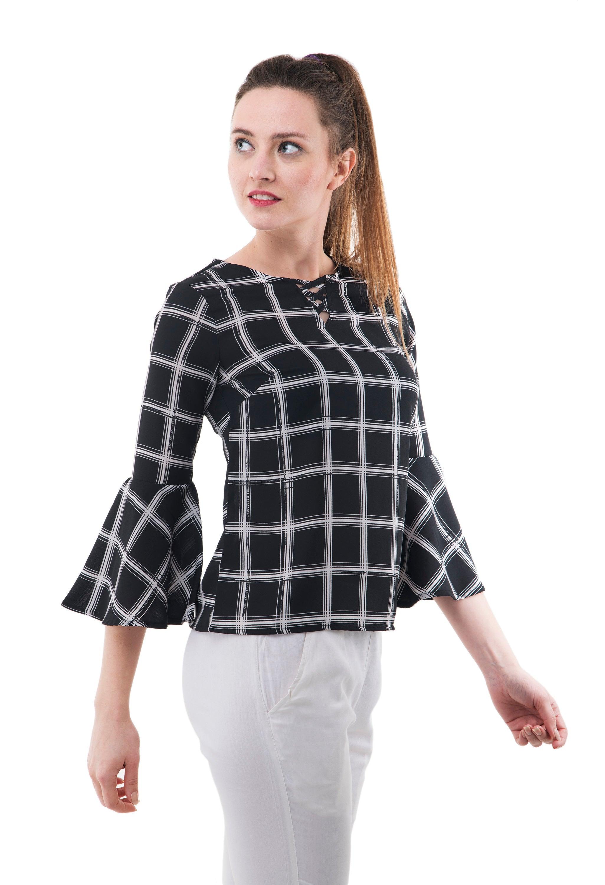 Black Bell Sleeve - Check pattern Top - Znxclothing
