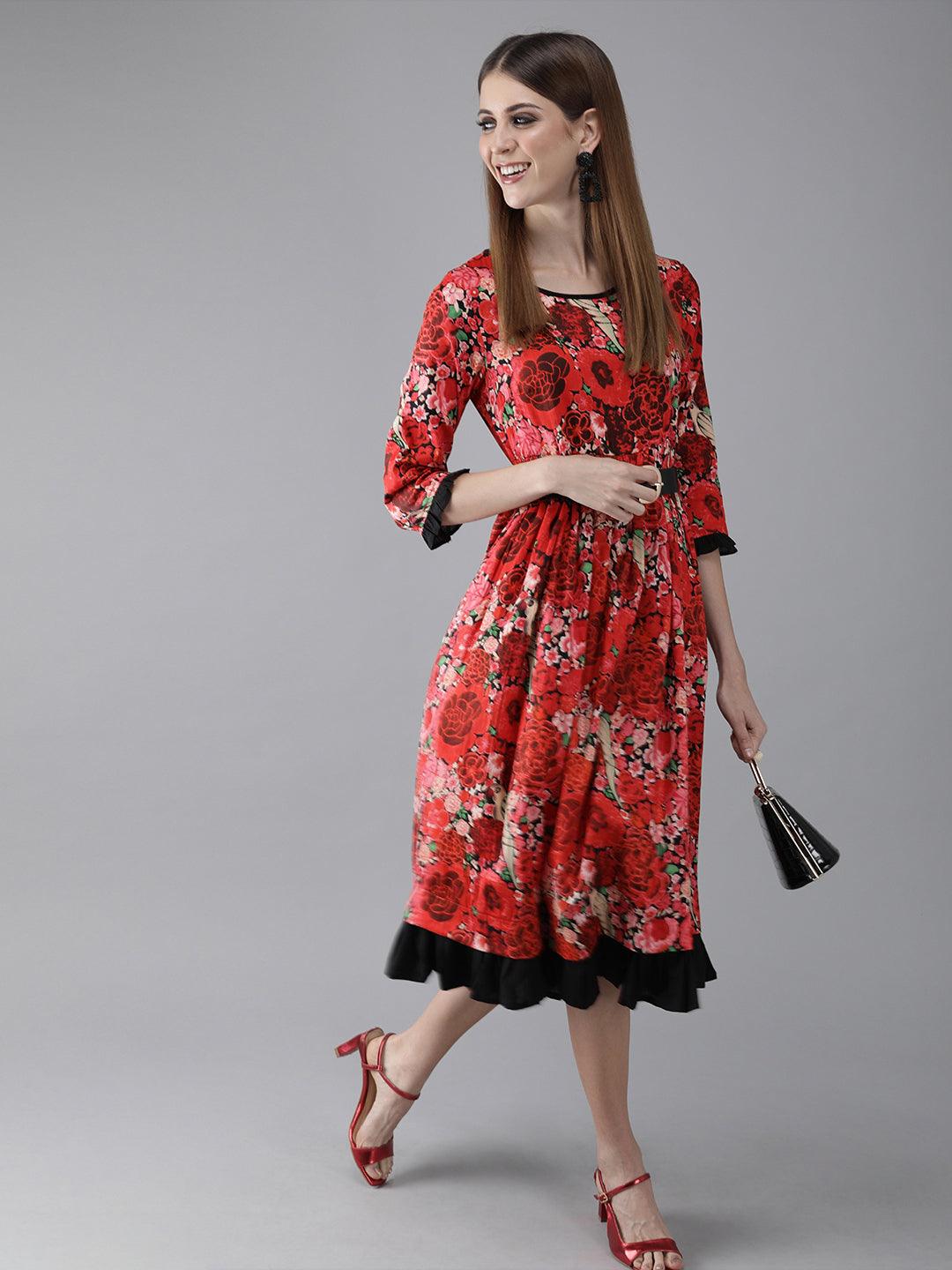 Red &amp; Black Printed Fit and Flare Dress (Fully Stitched) - Znxclothing