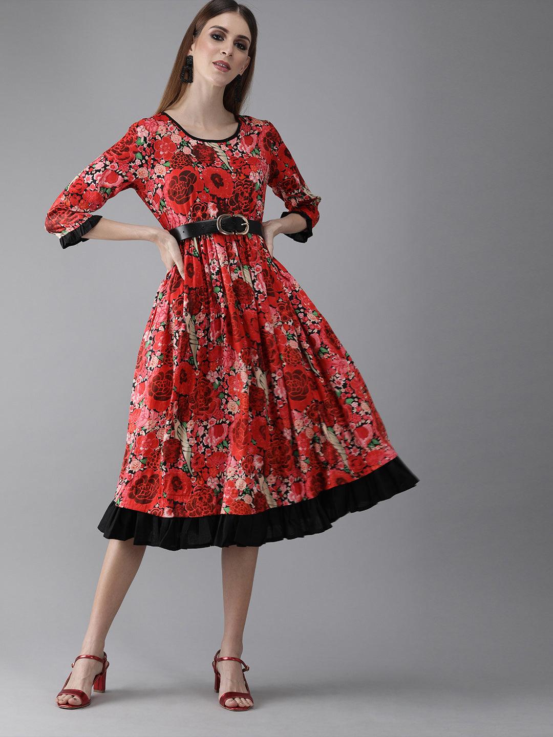 Red &amp; Black Printed Fit and Flare Dress (Fully Stitched) - Znxclothing