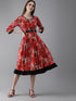 Red & Black Printed Fit and Flare Dress (Fully Stitched) - Znxclothing