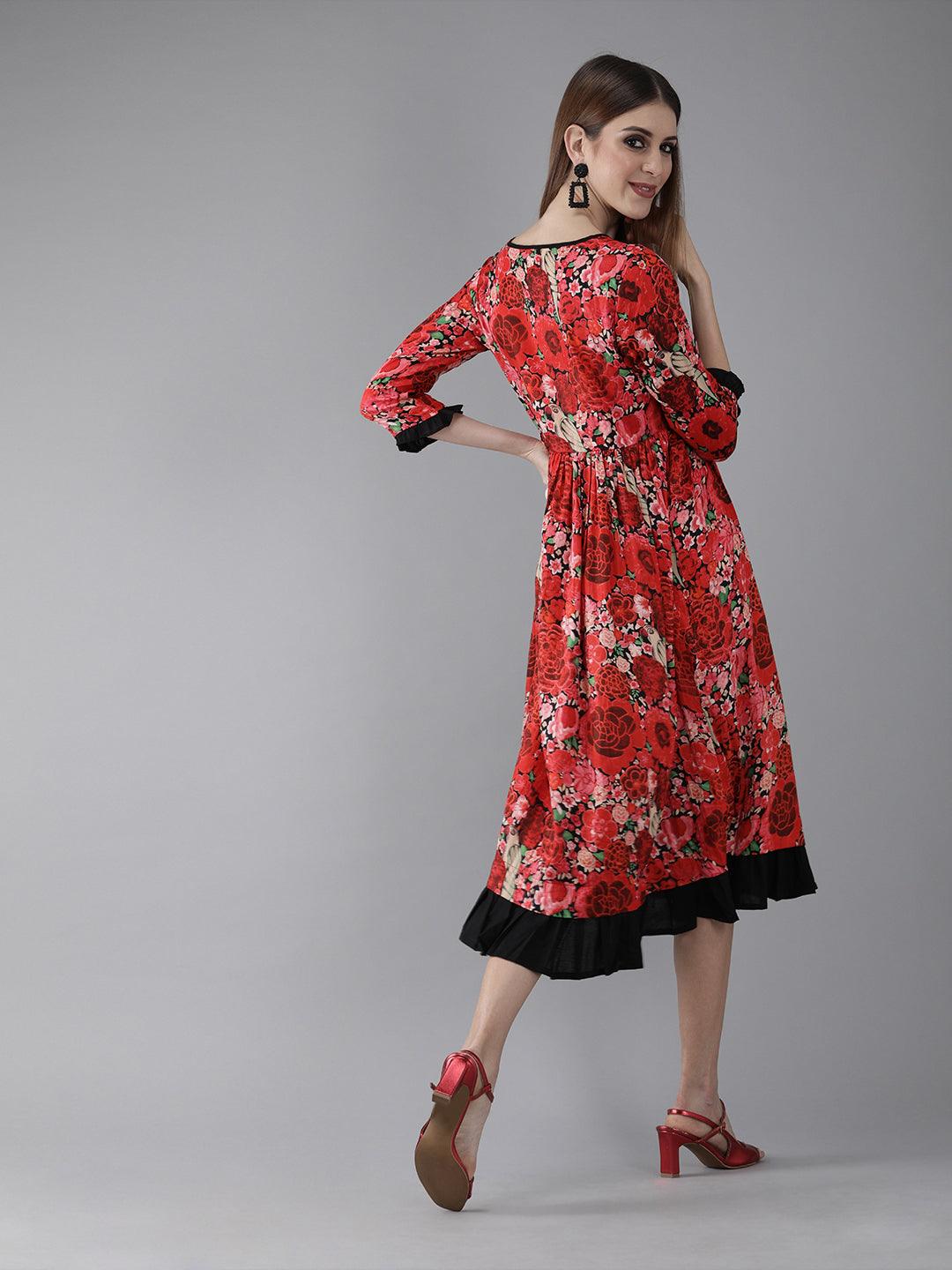 Red &amp; Black Printed Fit and Flare Dress (Fully Stitched) - Znxclothing