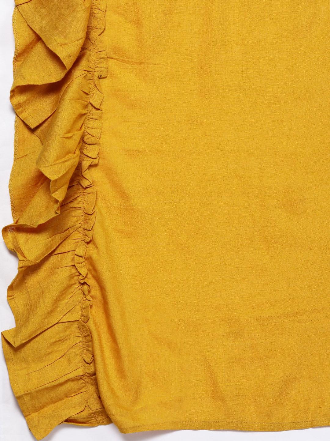 Yellow Solid Viscose Rayon Ruffled Saree (Fully Stitched) - Znxclothing