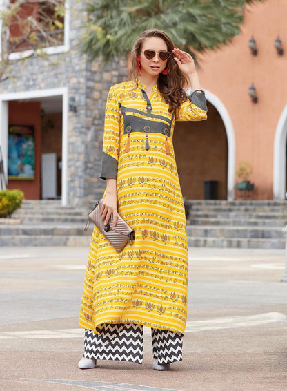 Kajal Style Printed Yellow Rayon Kurti - Znxclothing