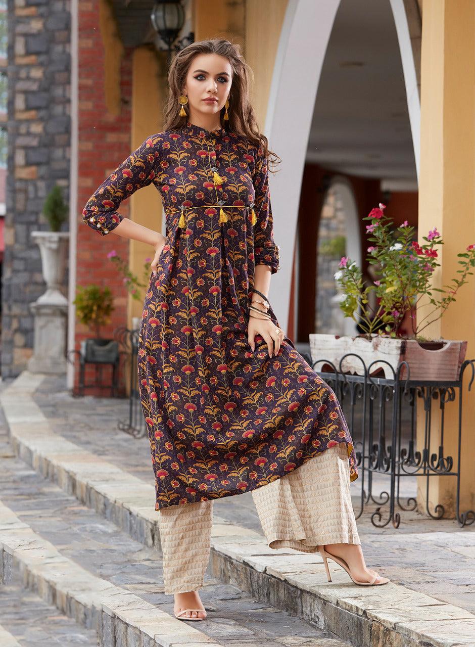 Kajal Style Flower Printed Rayon Kurti - Znxclothing