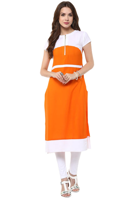 Solid Orange &amp; White Crepe Kurti - Znxclothing