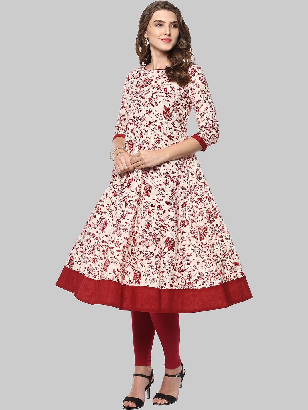 Beige Printed Cotton Anarkali Kurti - Znxclothing