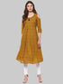 Mustard Printed Cotton A-Line 3/4 Sleeve Cold Shoulder Kurti - Znxclothing