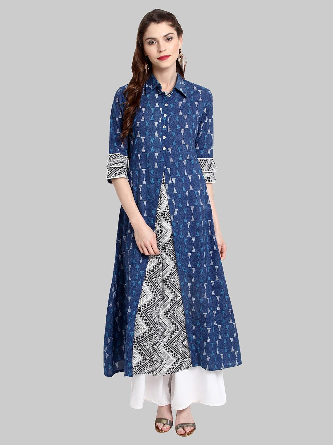 Blue Printed Cotton A-Line &amp; Indo Western Kurti - Znxclothing