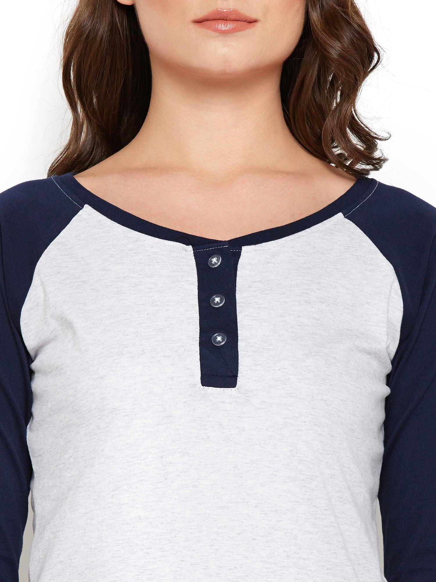 Women White and Navy blue Round Neck T-shirt - Znxclothing