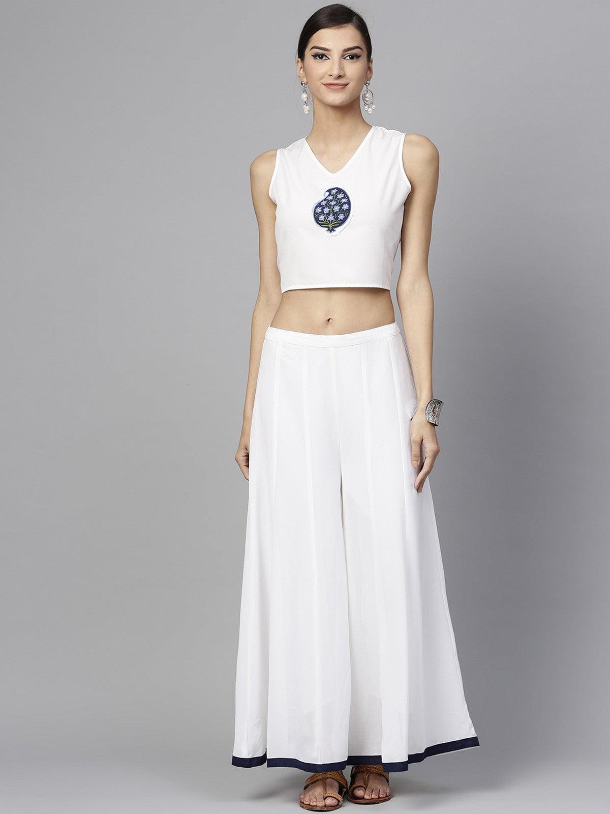 SOLID CROP TOP WITH PALAZZO AND PRINTED LONGLINE SHRUG (Fully Stitched) - Znxclothing