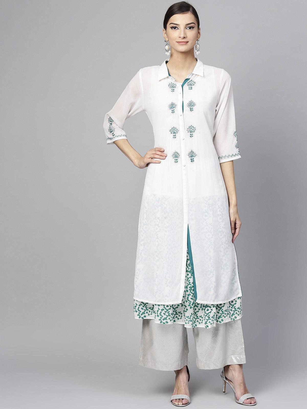 SOLID EMBROIDERED UPPER WITH BLOCK PRINTED LAYERED KURTA (Fully Stitched) - Znxclothing