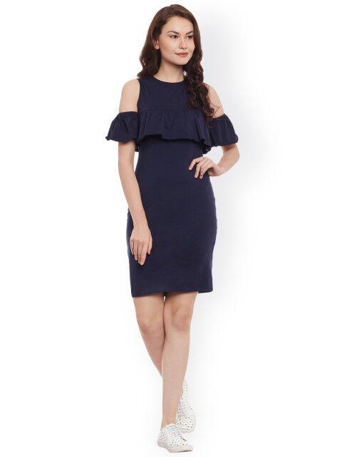 Solid Blue Cold sleeve Dress - Znxclothing