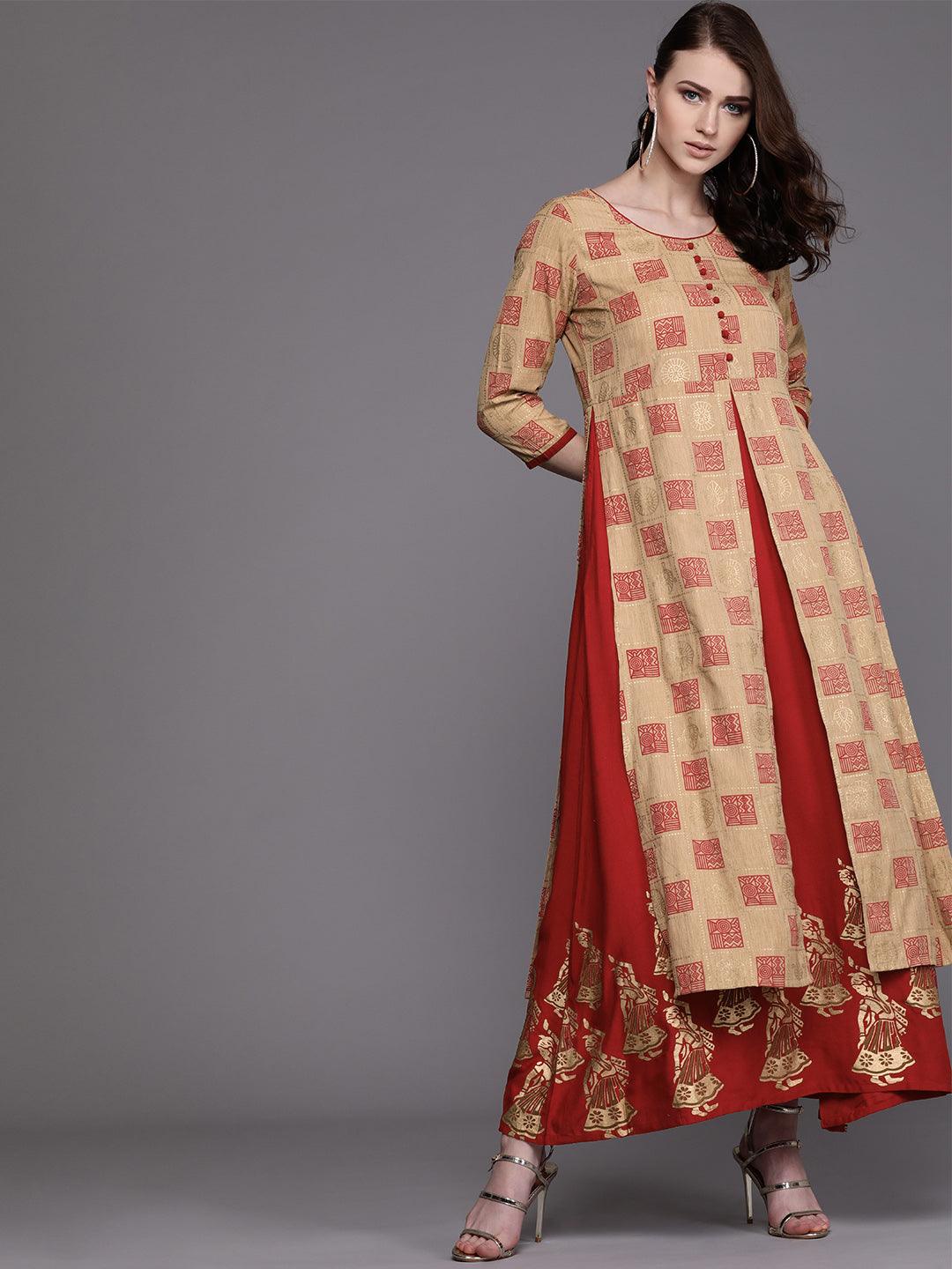 Red &amp; Beige Layered Printed Maxi Dress (Fully Stitched) - Znxclothing