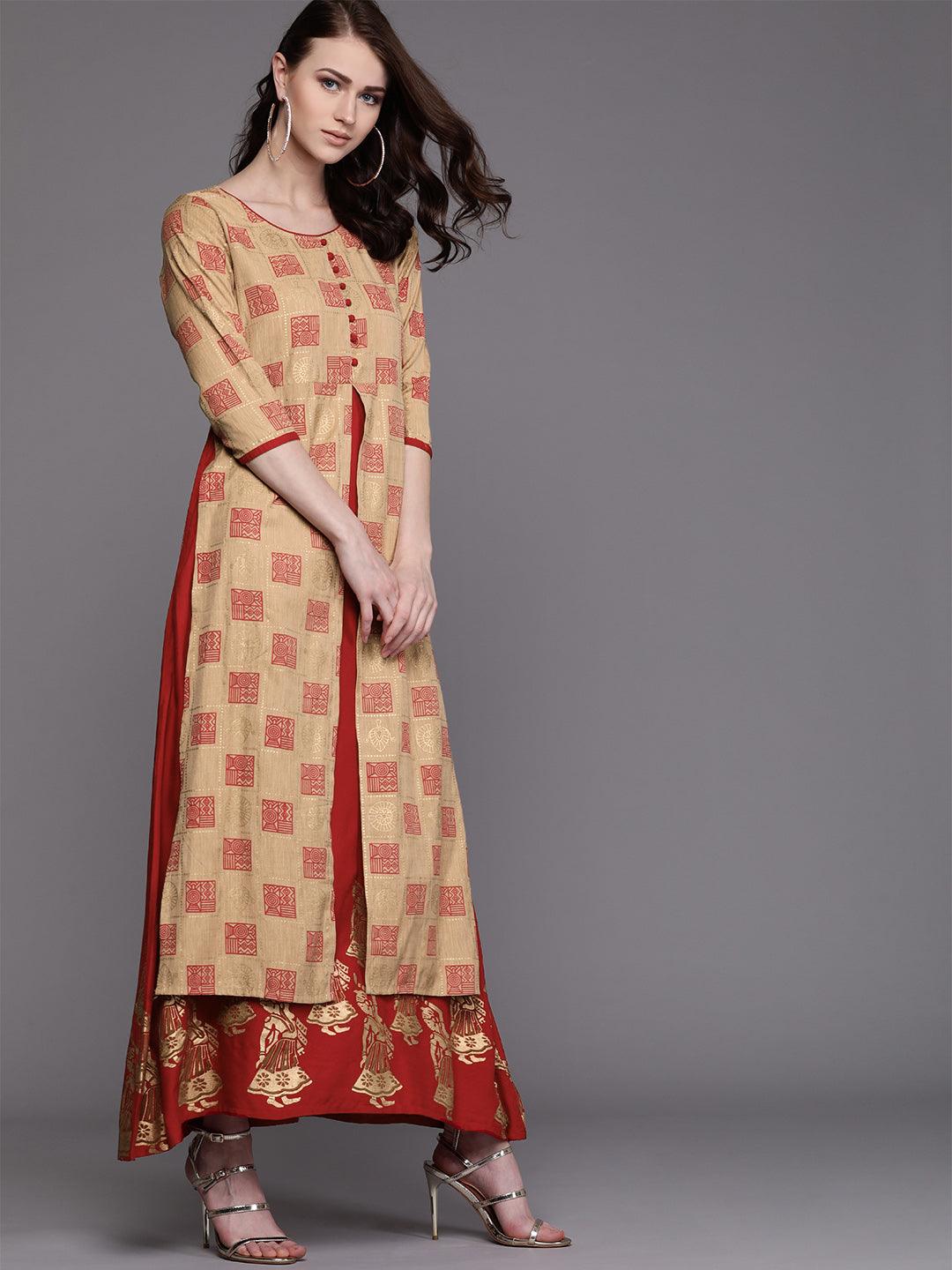 Red &amp; Beige Layered Printed Maxi Dress (Fully Stitched) - Znxclothing