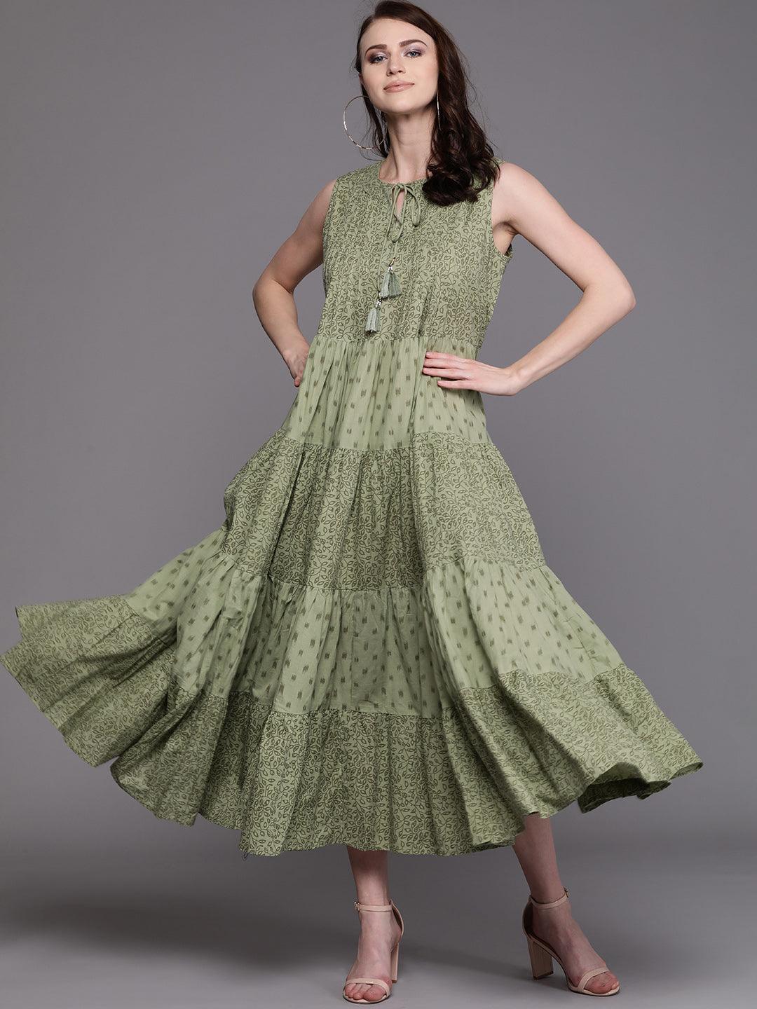 Olive Green Printed Tiered Maxi Dress (Fully Stitched) - Znxclothing