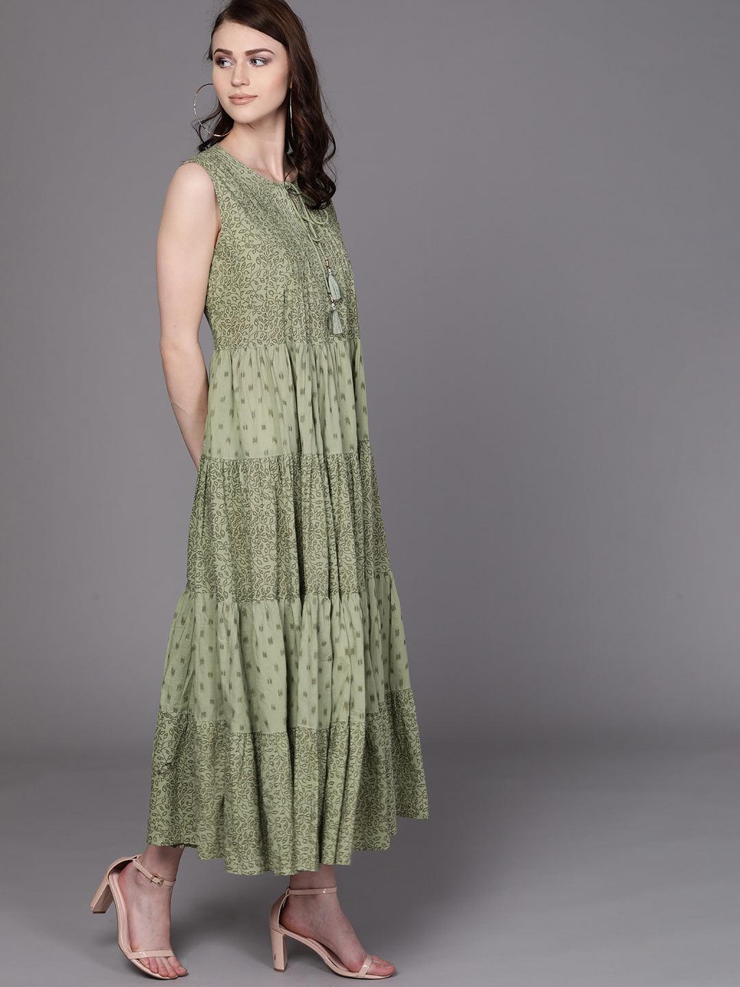 Olive Green Printed Tiered Maxi Dress (Fully Stitched) - Znxclothing