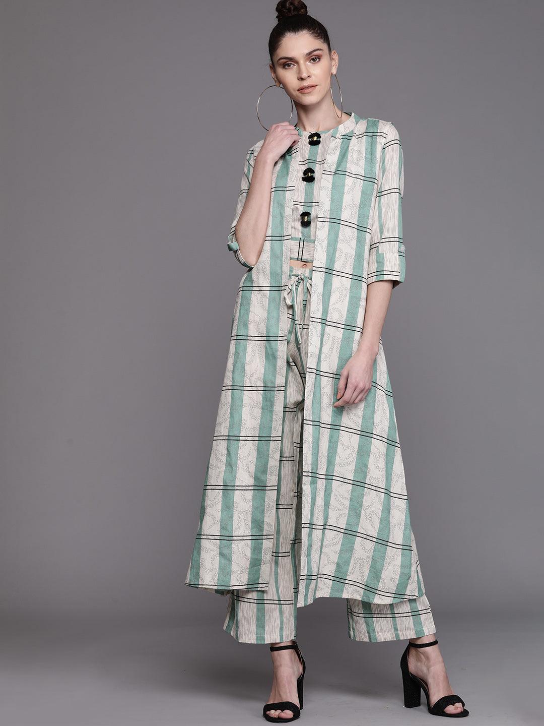 White &amp; Green Checked Top with Palazzos(Fully Stitched) - Znxclothing