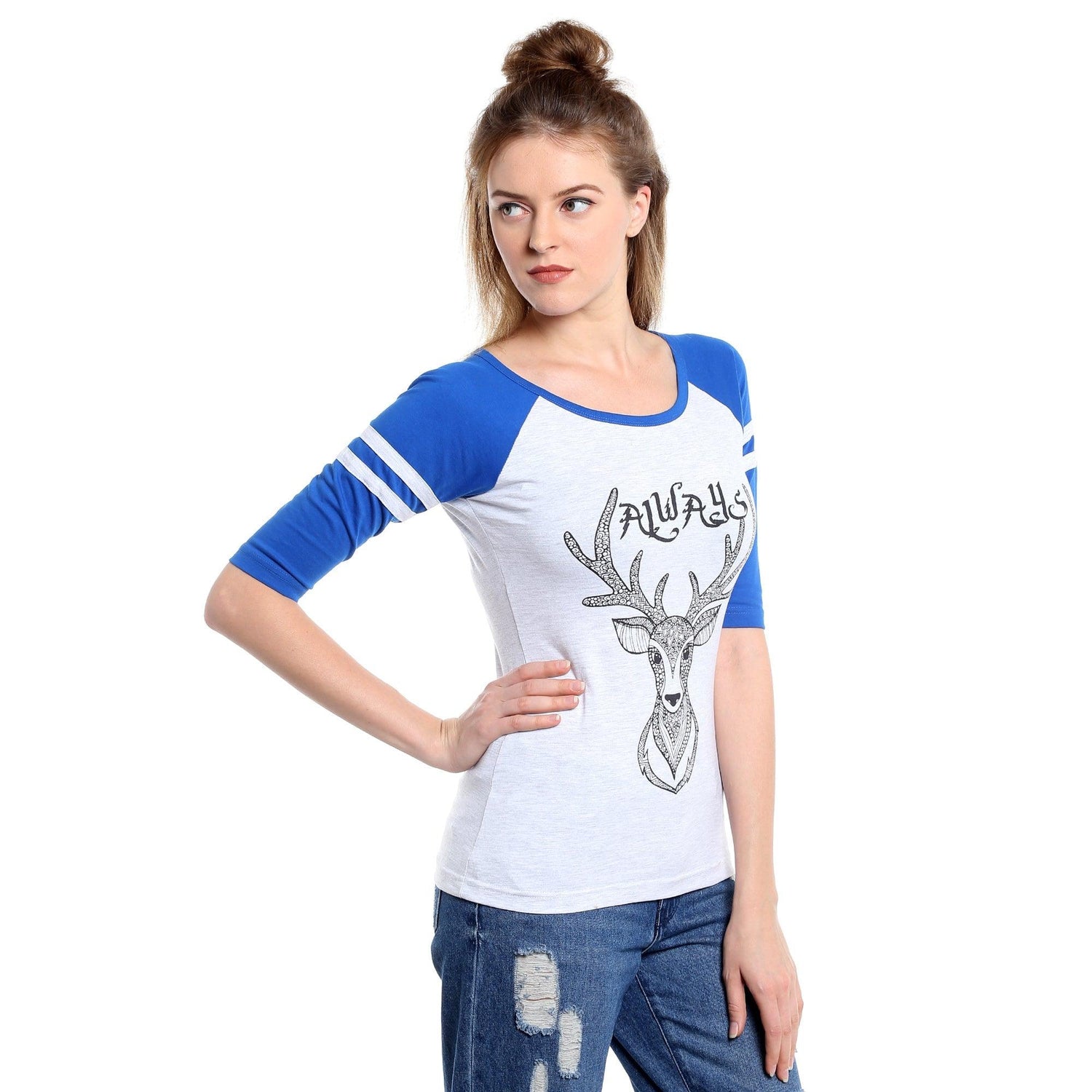 Printed White and blue Round Neck T-shirt - Znxclothing