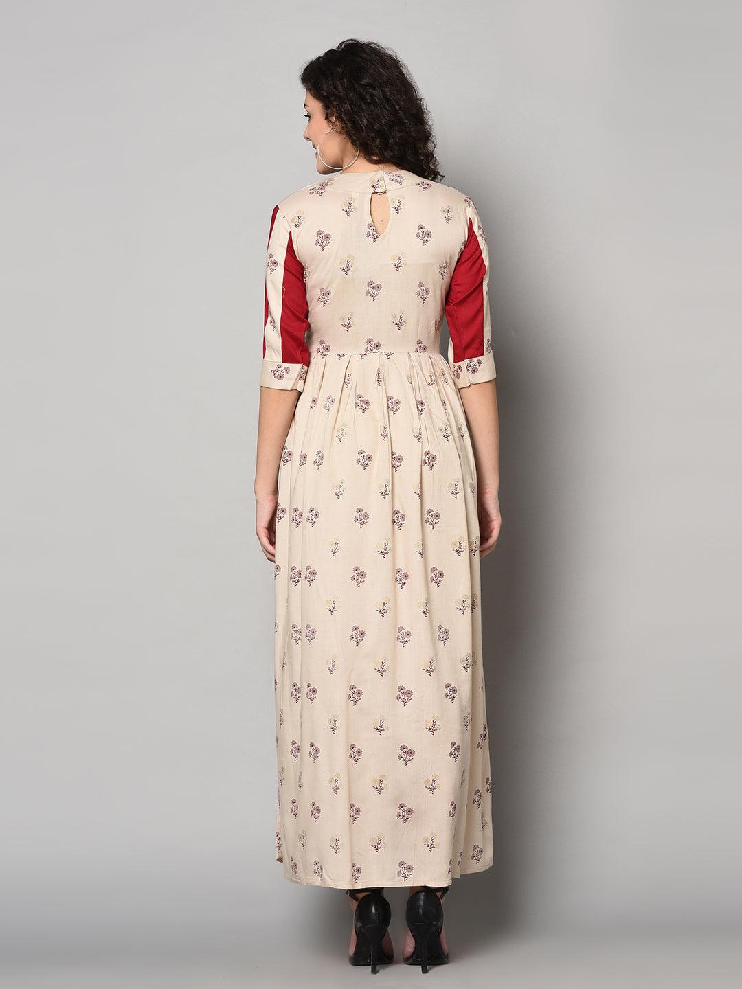 Cream and Red colour designer long Maxi Dress (Fully Stitched) - Znxclothing
