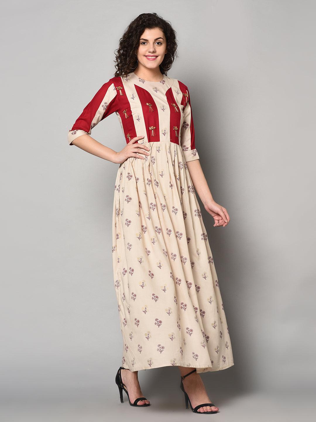 Cream and Red colour designer long Maxi Dress (Fully Stitched) - Znxclothing