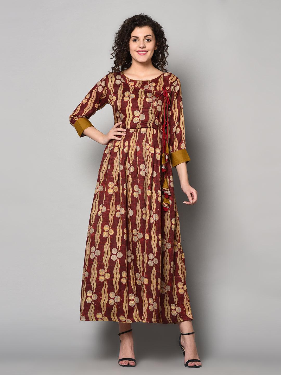 Red and Light yellow printed Anarkali Dress with scarf (Fully Stitched) - Znxclothing