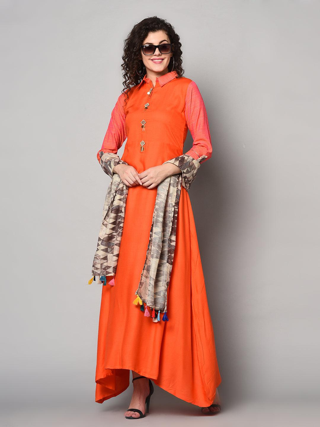 Orange long Anarkali designer dress with dupatta (Fully Stitched) - Znxclothing