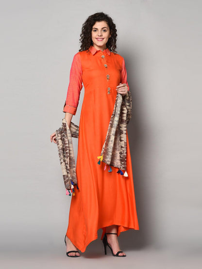 Orange long Anarkali designer dress with dupatta (Fully Stitched) - Znxclothing