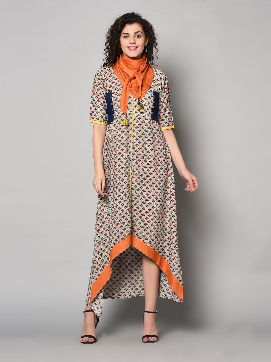 Designer Maxi Dress with scarf (Fully Stitched) - Znxclothing