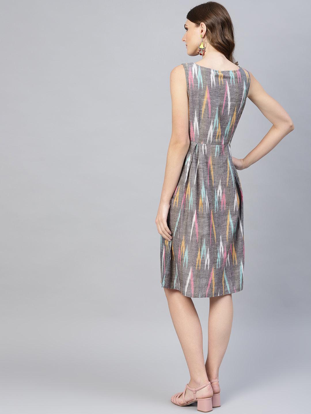 Grey Ikkat Printed Short Dress  (Fully Stitched) - Znxclothing