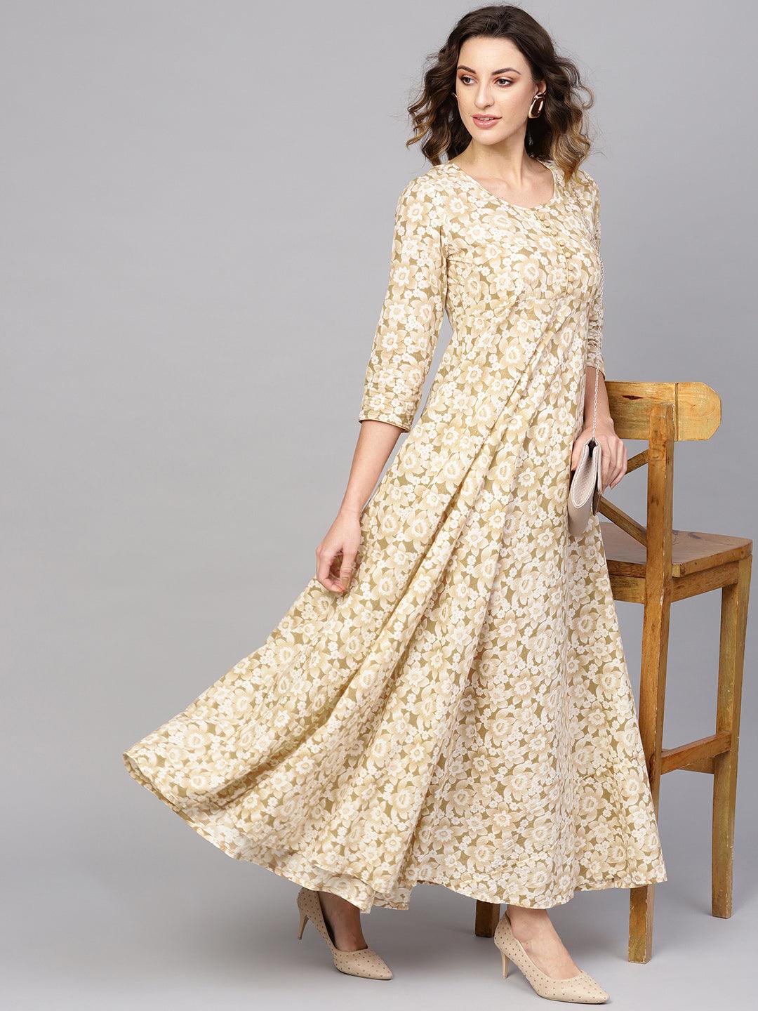 Off white &amp; Gold Maxi With Gold Detail (Fully Stitched) - Znxclothing